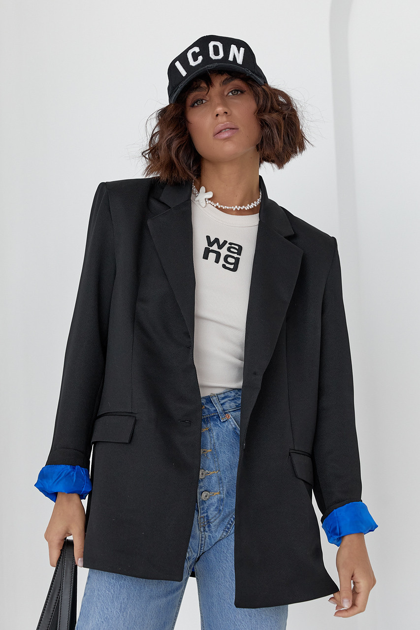 Жіночий піджак із кольоровою підкладкою — чорний колір, L (є розміри)
