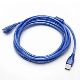 Кабель подовжувач USB 2.0 AM/AF, 3m, прозорий синій, силіконовий, екранований +ферит, фото 3