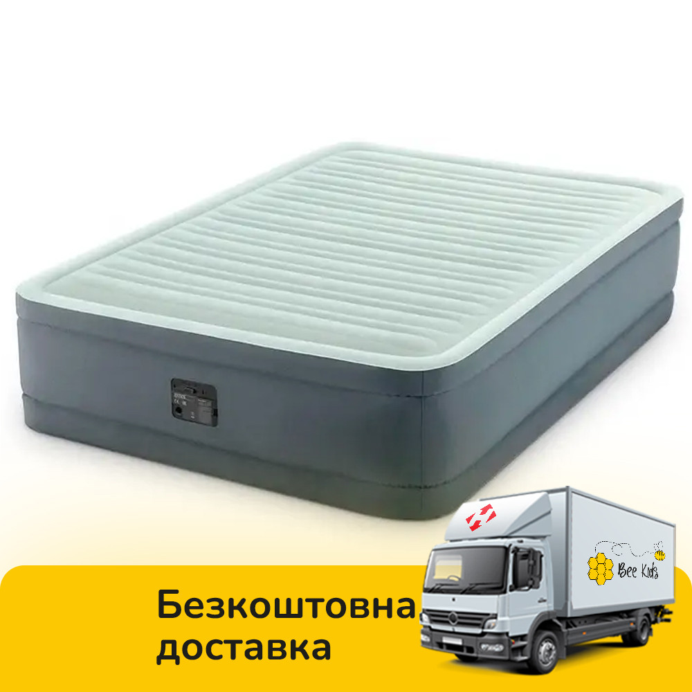 Надувне полуторне ліжко Intex 64904 Сіро-оливковий (137-191-46см) з вбудованим електричним насосом, фото 1