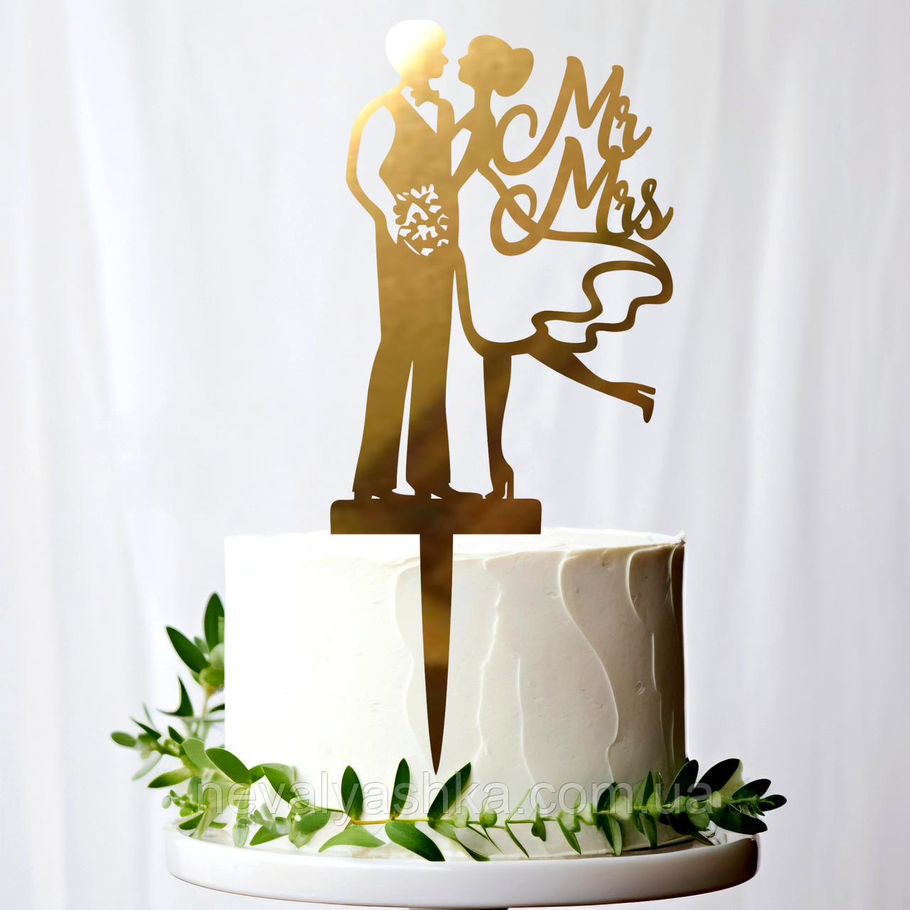 Золотий Топер "Весільна Пара Mr&Mrs Молодята" 17х8 см Фігурка На Весілля з Дзеркального Золотого Полістирола Золото