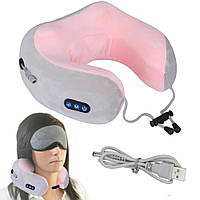 Подушка масажер для шиї з пам'яттю U-Shaped Upgrade Vibration Pillow, від USB / Бездротова масажна подушка