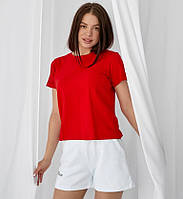 Красная футболка женская базовая стильная укороченная прямого кроя коттон