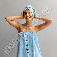 Рушник-халат жіночий з чалмою шапкою Мікрофібра преміум колір голубий