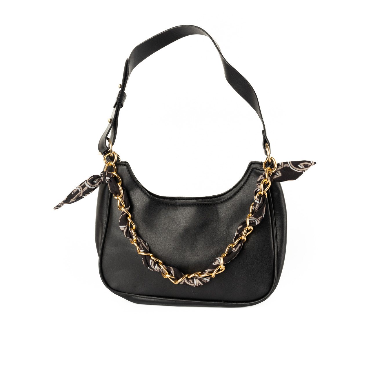 Сумка жіноча зі штучної шкіри, сумочка з ручкою-ланцюжком та стрічкою, Чорний