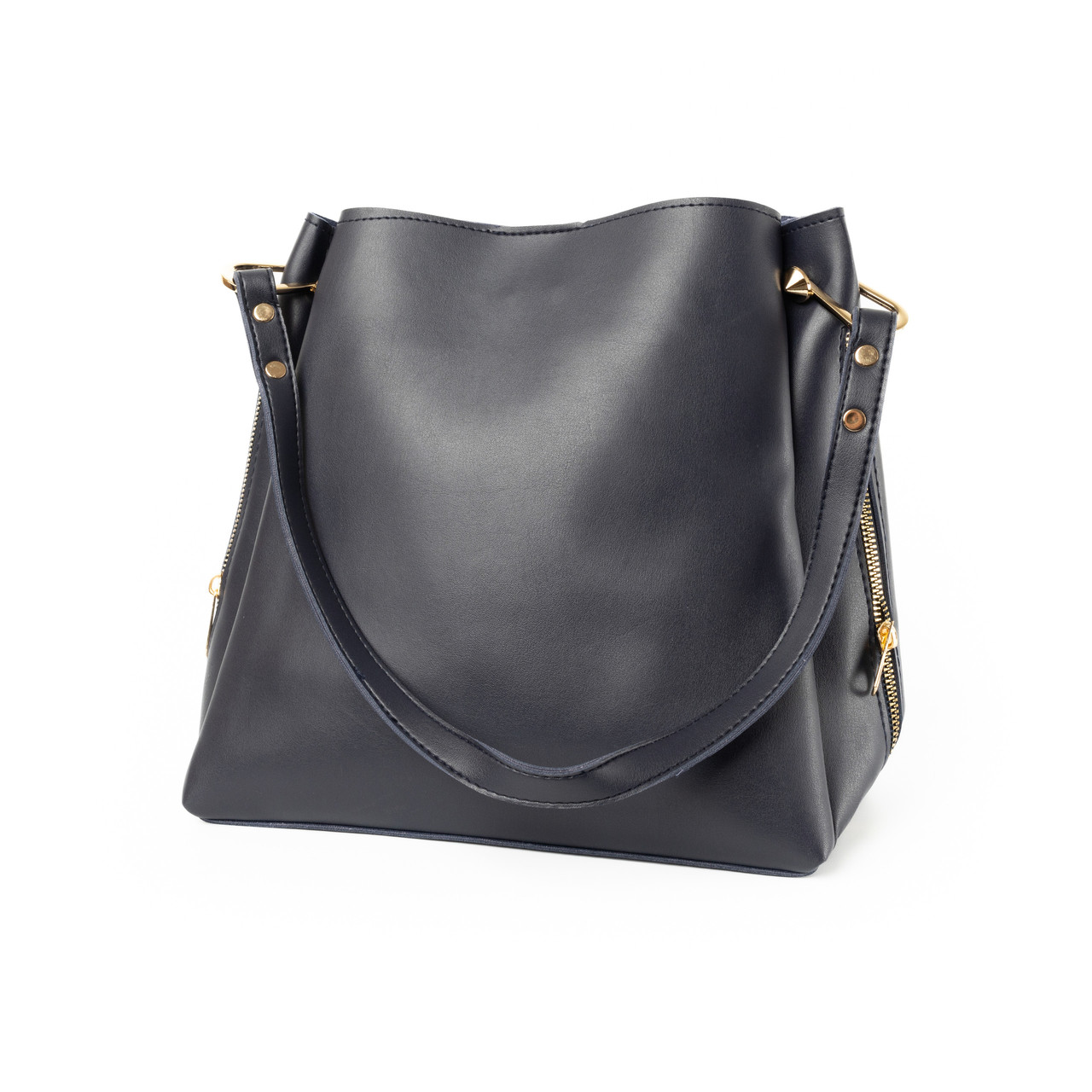 Сумка жіноча через плече містка стильна зі штучної шкіри з бічними блискавками, Темно-синій