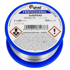Припій Cynel Sn60Pb40-SW26, діам.-1.00 мм, 250 г на котушці з флюсом