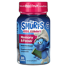 Комплекс вітаміну В12 і фосфатидилсерину для дітей від 4 років, для пам’яті й концентрації, ягоди, 30 желейок, The Smurfs