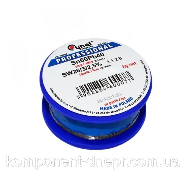 Припій Cynel Sn60Pb40-SW26, діам.-2.00 мм, 250 г на котушці без флюсу