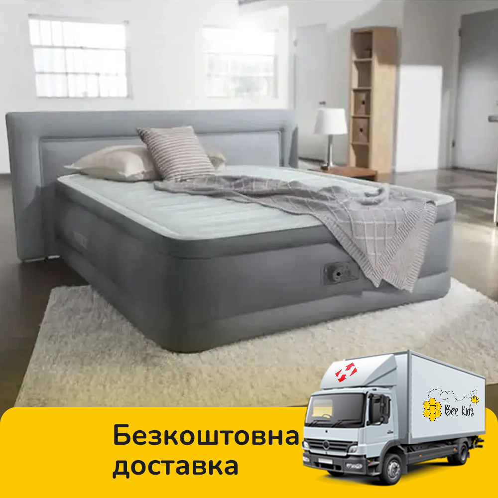 Надувне полуторне ліжко Intex 64904 Сіро-оливковий (137-191-46см) з вбудованим електричним насосом, фото 1