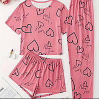 Жіноча піжама трійка футболка шорти і штани Love you, жіноча піжама для сну S, M, L, XL Рожевий