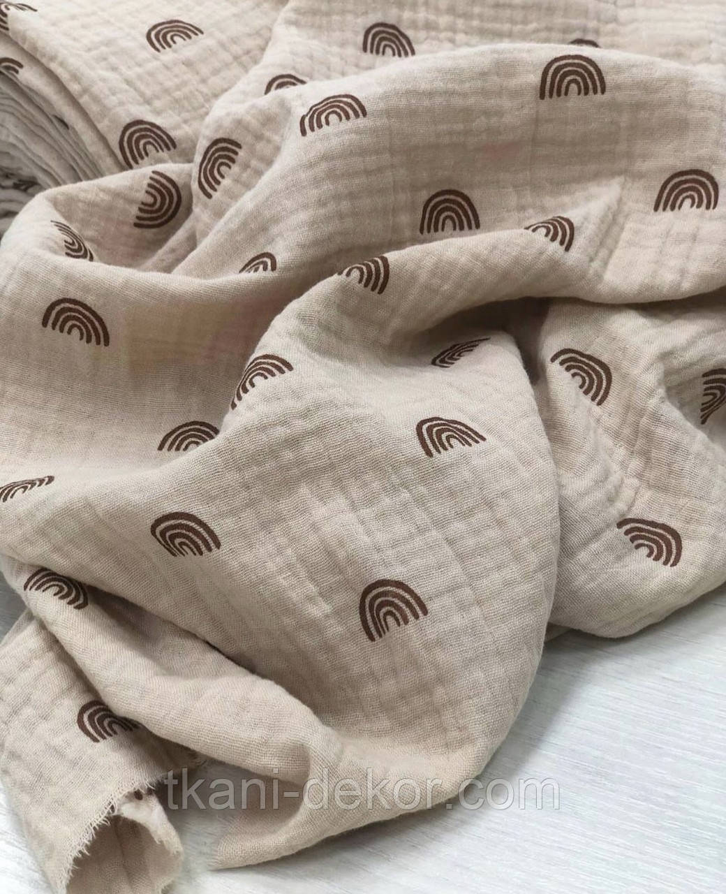 Муслін (жатка 1,35 м) коричневі веселки на бежевому, фото 1
