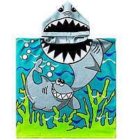 Дитячий рушник банний з капюшоном Акула 60х60 см, Рушник пончо мікрофібра для басейну SPARK