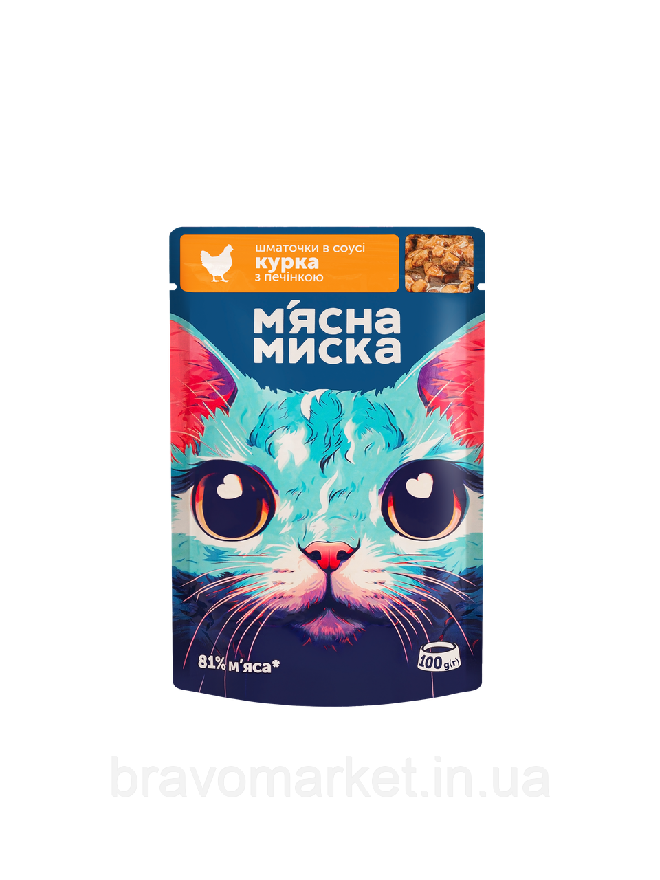 Корм для котів М'ясна Миска шматочки в соусі з куркою та печінкою 100 г пауч, фото 1
