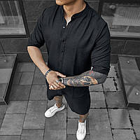 Мужская летняя рубашка льняная черная с коротким рукавом