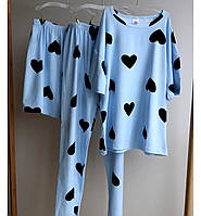 Женская пижама тройка футболка шорты и штаны Сердечки, женская пижамка для дома и сна S, M, L, XL Голубой