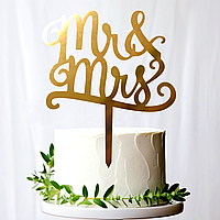 Золотий Весільний Топер "Mr&Mrs" 11х9 см Фігурка На Весілля з Дзеркального Полістирола Напис Золото Торт