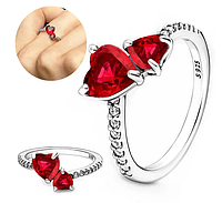 Серебряное кольцо в стиле Pandora "Два красных Сердца" 925 проба колечко Пандора