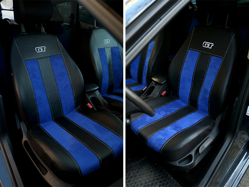 Универсальные авто чехлы на сиденья с эко кожы Pok-ter GT line с синей вставкой - фото 3 - id-p2194955525