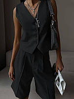 Женский модный костюм классический двойка ,стильный комплект шорты и жилет на пуговицах черного цвета
