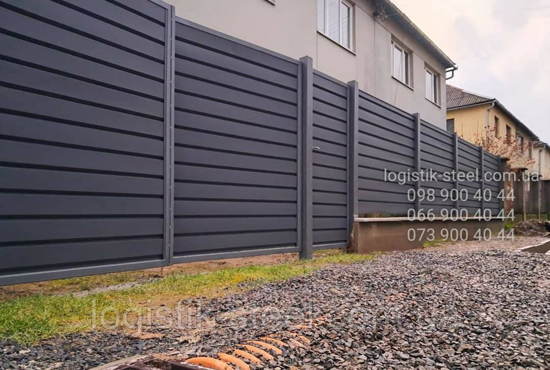 Паркан Ранчо N темно-графітовий 7016 Ламель Горизонт шириной 190мм повна зашивка, фото 1