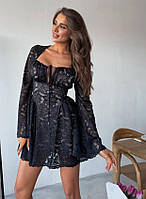 Женское черное короткое платье с длинным рукавом гипюр + микродайвинг 42-44, 46-48