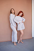 Жіночий комплект піжама-трійка: кофта, шорти та штани в рубчик сірий