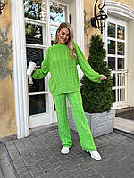 Трикотажний костюм oversize (светр + широкі штани з високою посадкою на талії) зелений