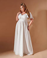 Белое длинное шифоновое платье большого размера с коротким рукавом и поясом (XL/XXL, XXL/XXXL)