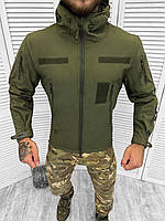 Демисезонная тактическая куртка олива SoftShell флис, военная водоотводящая куртка олива с липучками армейская