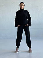 В'язаний прогулянковий костюм (светр комір-стійка + штани на манжеті) чорний