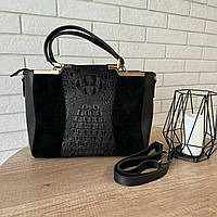 Женская замшевая сумка черная через плечо под рептилию, сумка из натуральной замши черная Im_1500