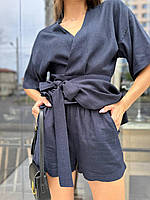 Женский льняной костюм Lotos (кимоно и шорты), темно-синий Im_990