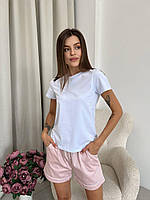 Піжамний комплект COSY жіночі шорти із сатину Pearl пиляльна пудра з футболкою біла Im_850