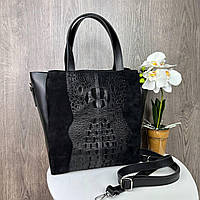 Женская замшевая сумка черная через плечо под рептилию, женская сумочка крокодил натуральная замша Im_1300