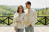 Вишиті сорочки для пари молочного кольору з колосками пшениці з рукавами жіночої вишиванки Бохо