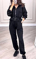Трикотажний костюм (кофта на змійці на талії куліска + штани з кишенями на манжеті) чорний