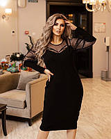 Трикотажне плаття прямого силуету міді зона декольте + рукави сітка з малюнком чорний
