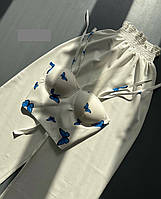 Костюм літній легкий (широкі штани висока посадка талія гумка + топ) білий +БАБОЧКИ СИНІННЯ