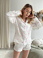 Женская пижама Муслиновая COSY розовые сердца на белом шорты + рубашка Im_1300