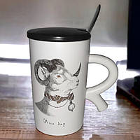 Кружка з кришкою і ложкою "Англійська казка", 300мл (Керамічна чашка для кави та чаю) Козел