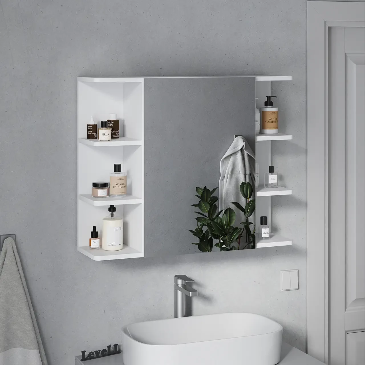 Навісна поличка з дзеркалом в ванну, навісний шкафчик для ванної кімнати з 6 полицями над умивальником, фото 1