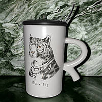 Кружка з кришкою і ложкою "Англійська казка", 300мл (Керамічна чашка для кави та чаю) Леопард