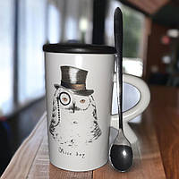 Кружка з кришкою і ложкою "Англійська казка", 300мл (Керамічна чашка для кави та чаю) Сова