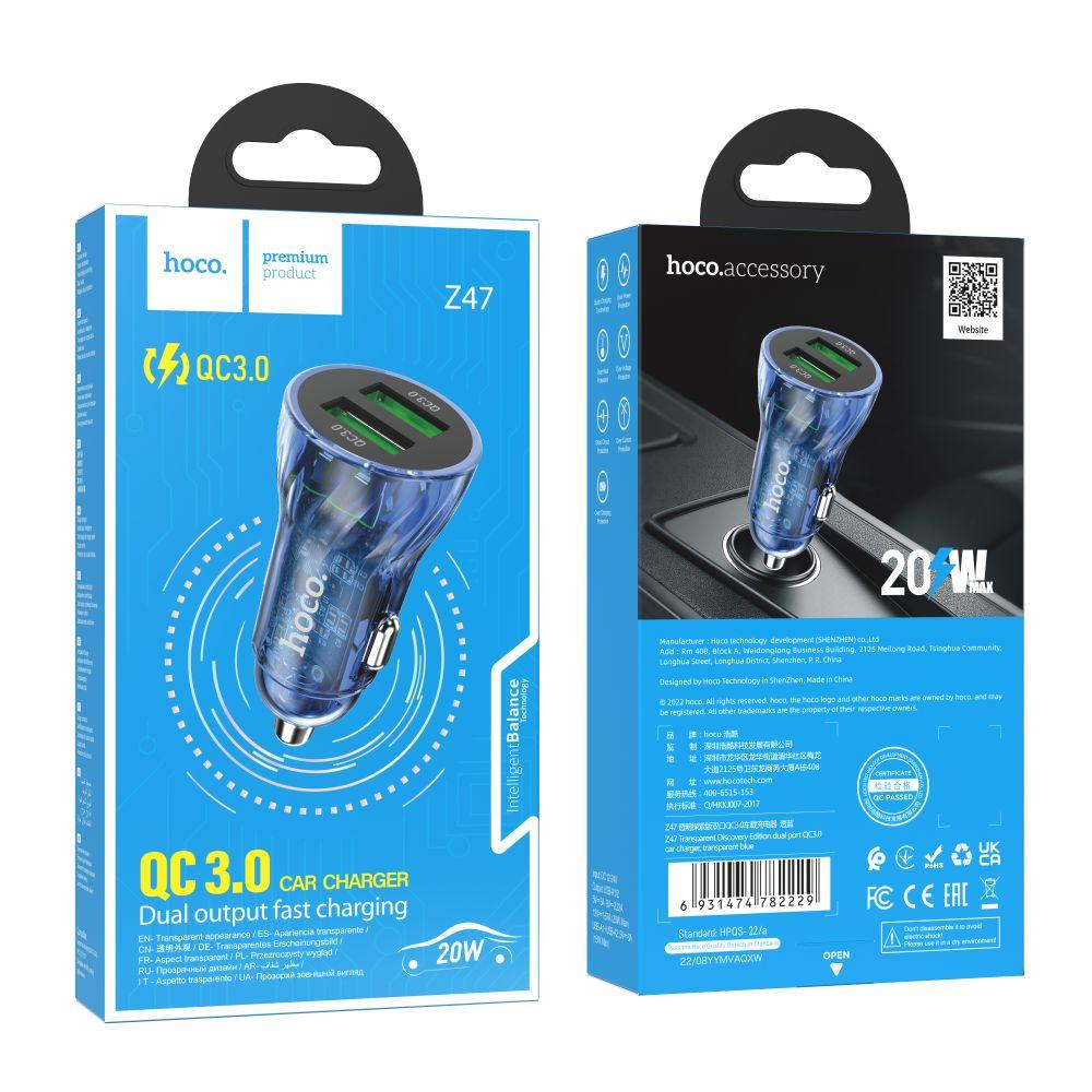 DR Авто Зарядний пристрій Hoco Z47 Transparent QC3.0 18W Колір Прозорий синій