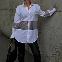 Женская удлиненная рубашка с прозрачной вставкой белый