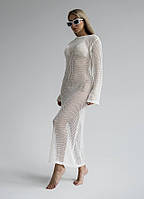 Длинное белое пляжное платье - туника в сетку