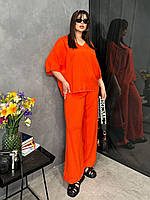 Женский костюм Блузка свободная с укороченным рукавом + Брюки широкие средней посадки оранж