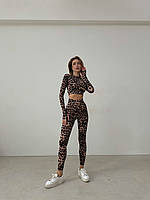 Спортивний жіночий костюм (лосини висока посадка + укорочена кофта низ на манжеті) леопард