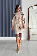 Елегантне жіноче плаття з візерунком та поясом етно стиль 44-50 розміри сіре