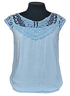 Блузка жіноча літня віскозна з коротким рукавом та мереживом Блакитний Free size